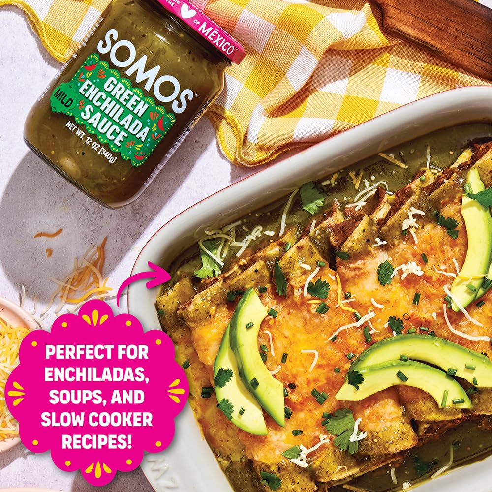Dished Somos Green Enchilada Sauce ready to top tacos.