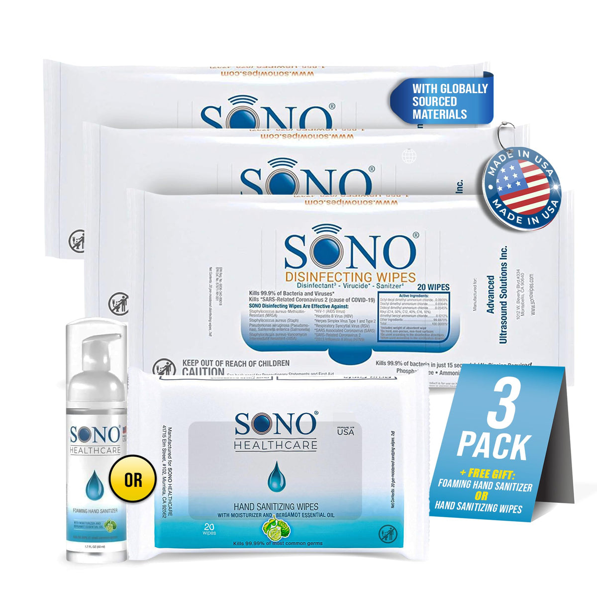 SONO disinfecting wipes in a 60-count pack for quick on-the-go surface cleaning.
