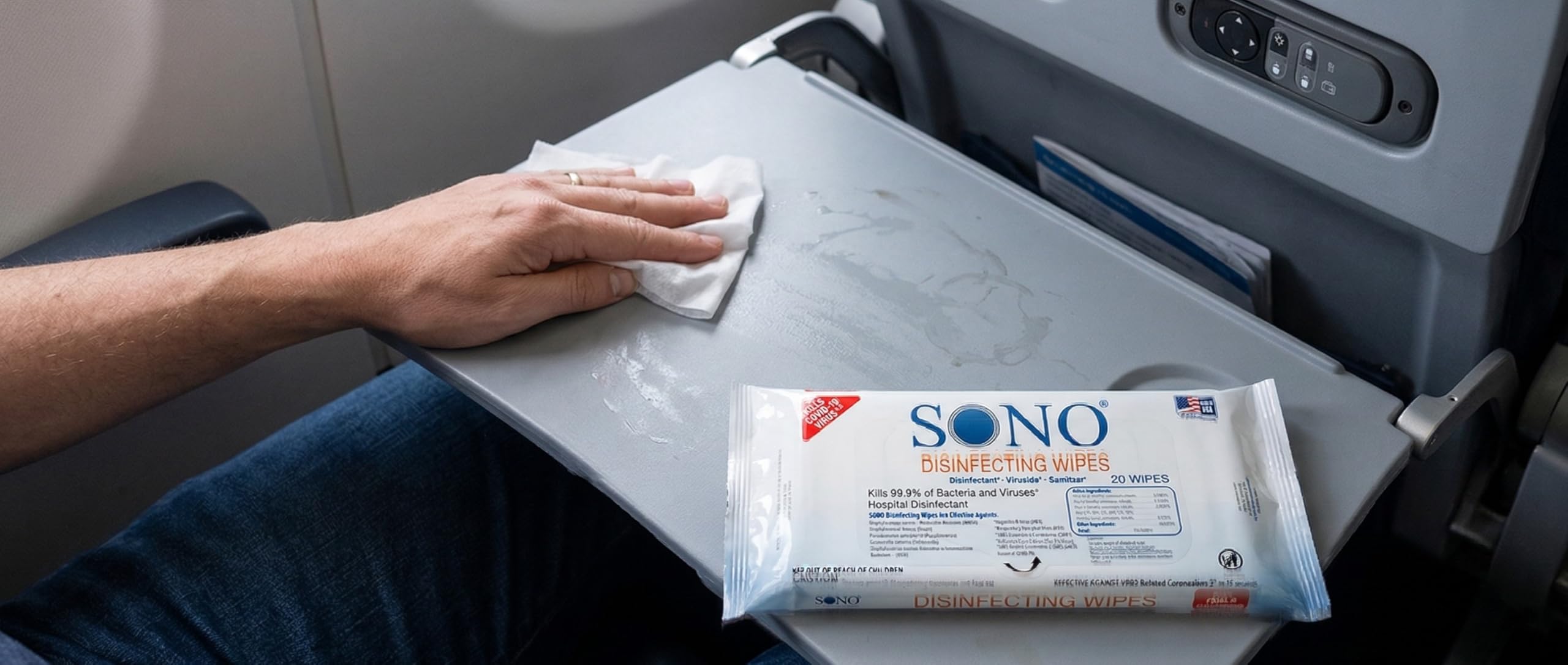 SONO multi-surface wipes refreshing kitchen counters and office desks with a safe, effective wipe.