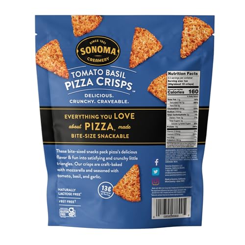 Serving of Sonoma Creamery Pizza Crisps Tomato Basil on plate, keto-friendly crunchy snack