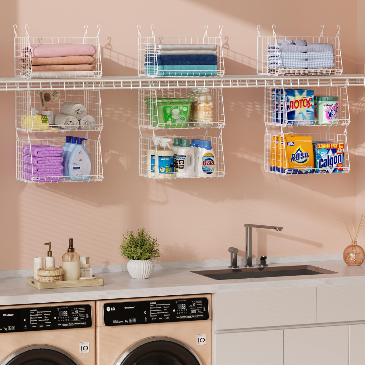 Sonyabecca 3-tier hanging laundry basket assembly for compact closet organization.