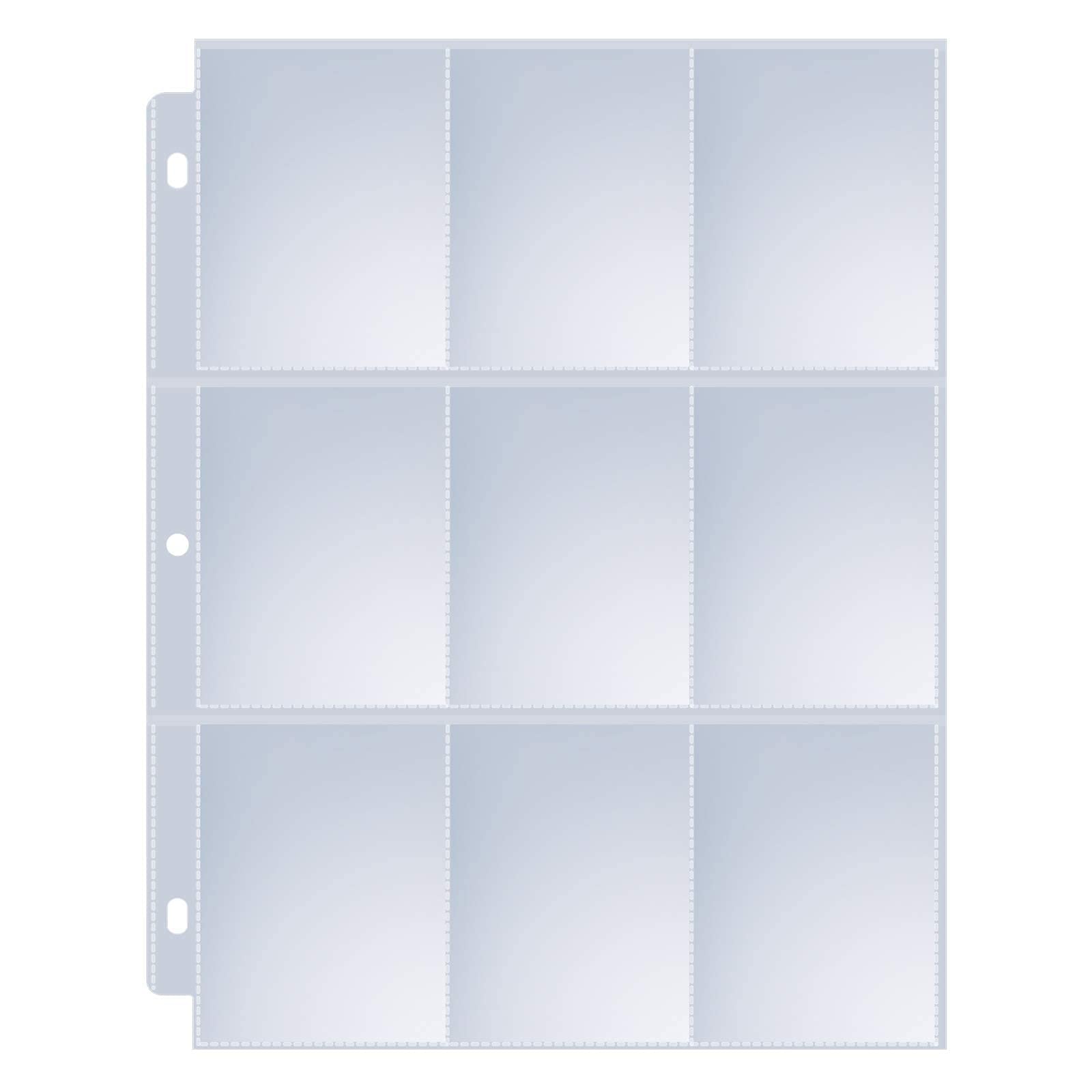 Sooez 9-pocket page protector shows clear pockets for quick card viewing.