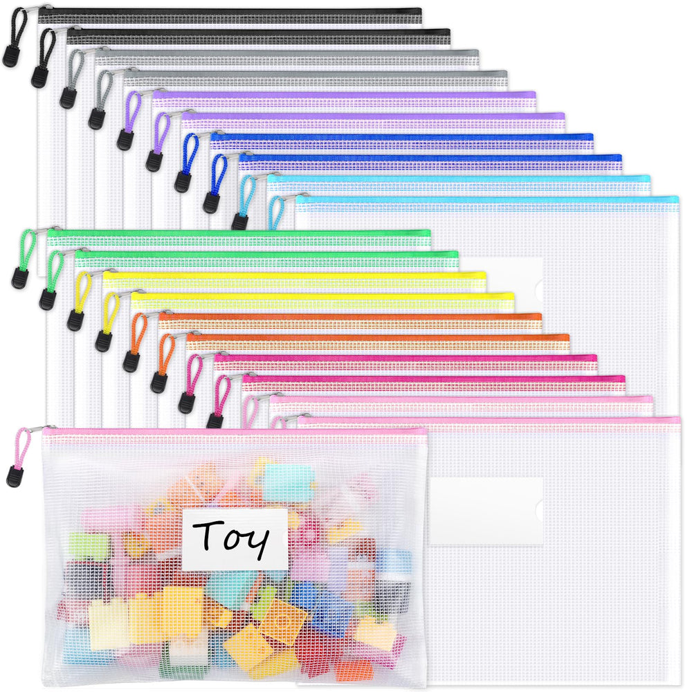 Sooez mesh zipper pouches with label pockets for quick item finding.