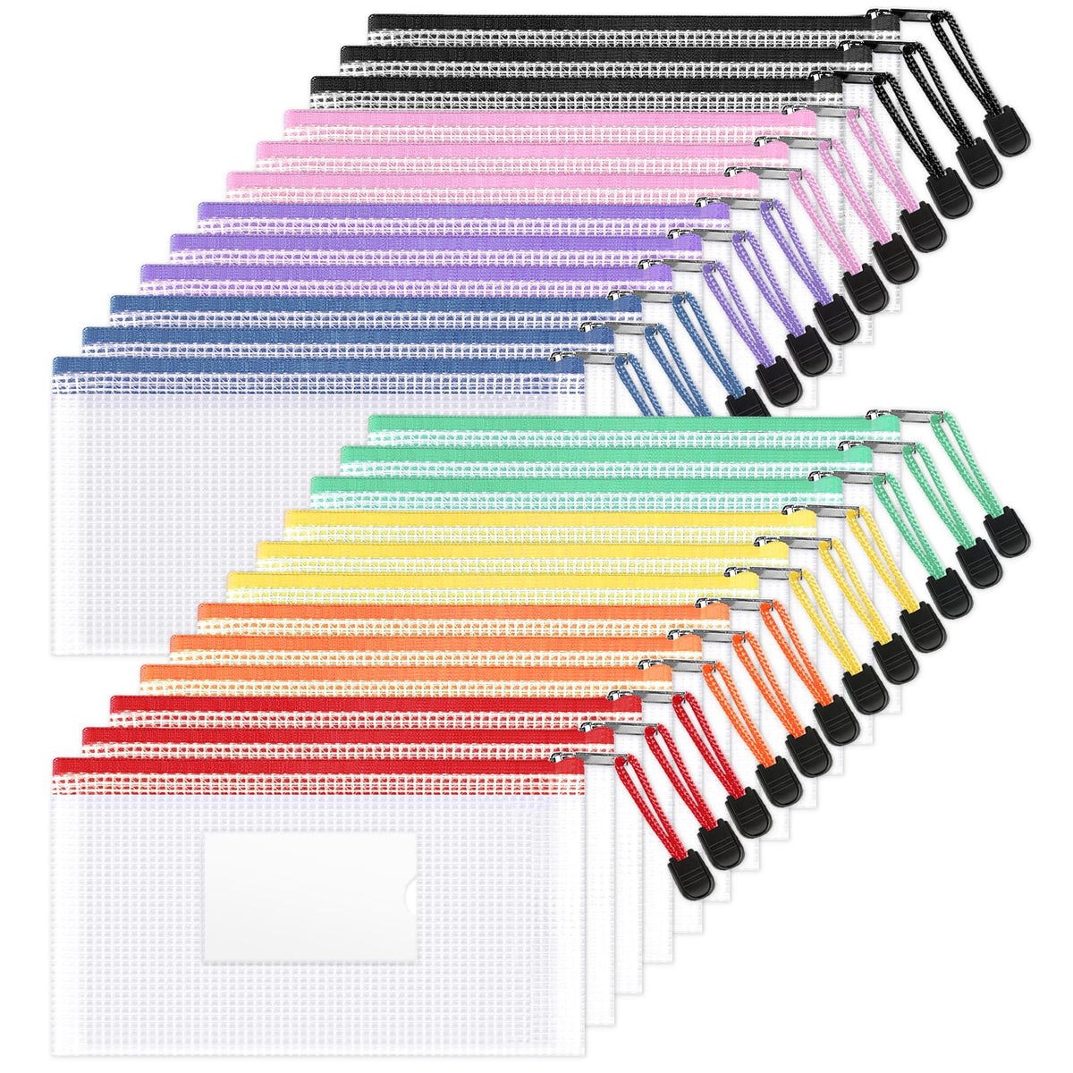 Sooez 24-pack mesh zipper pouches with label pocket for easy access