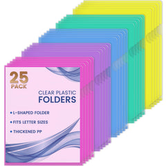 Sooez 25-pack clear document folders for organized, color-coded filing.