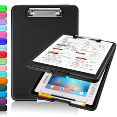 Sooez clipboard with storage close-up showing secure snap closure and spacious interior.
