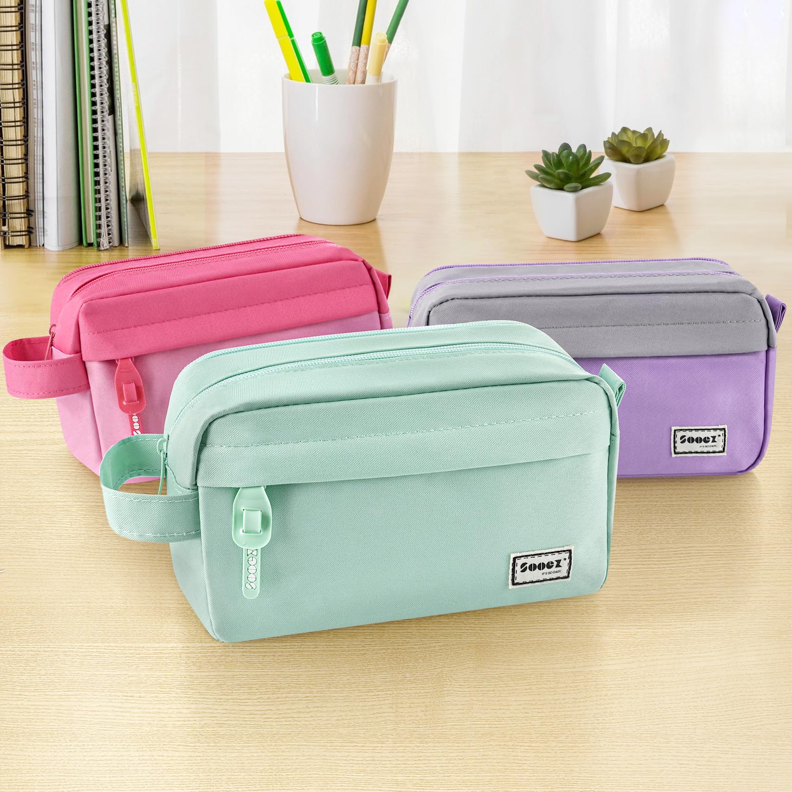 Sooez pencil case mint green durable zipper for smooth opening during class