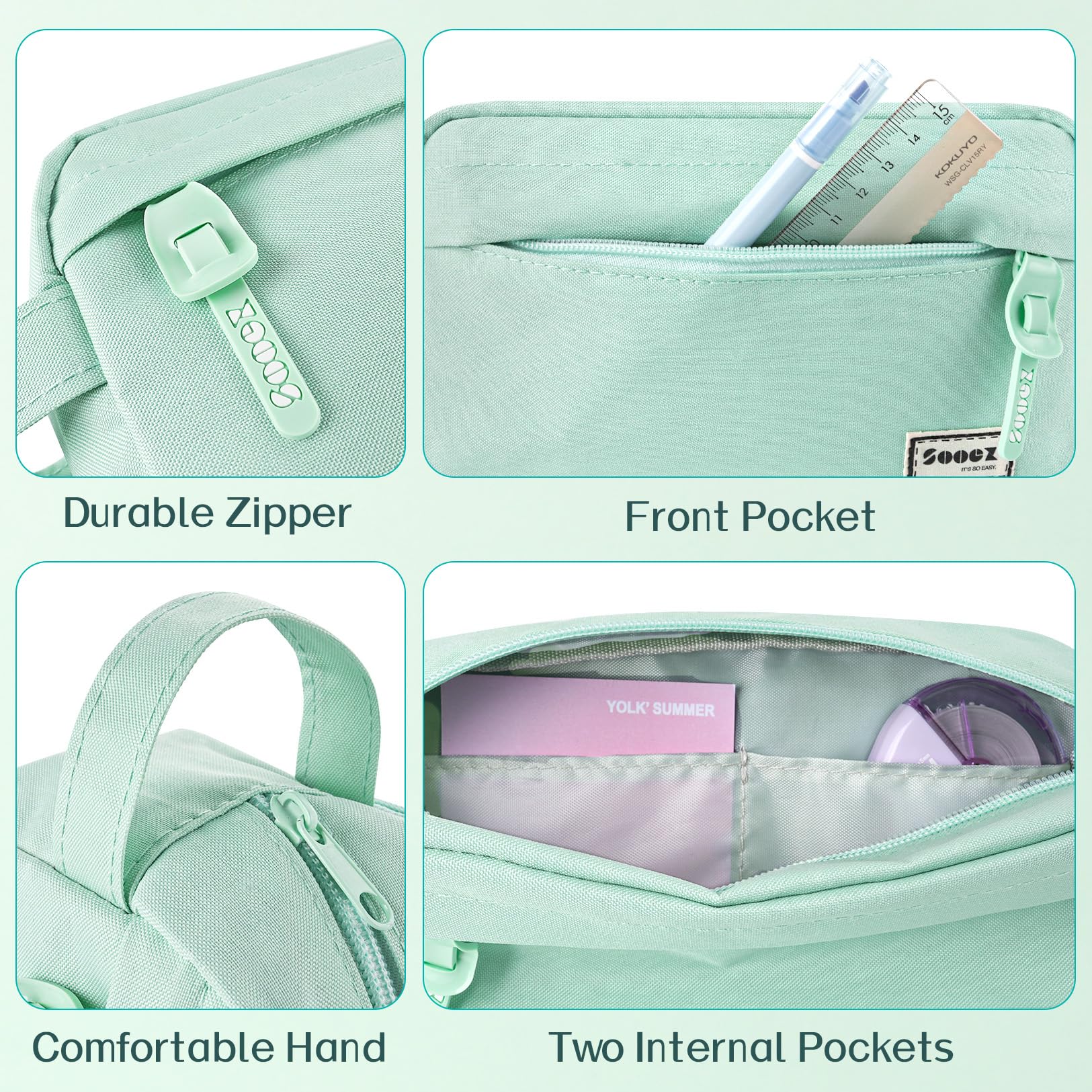 Sooez pencil case mint green easy-grip handle for portable use