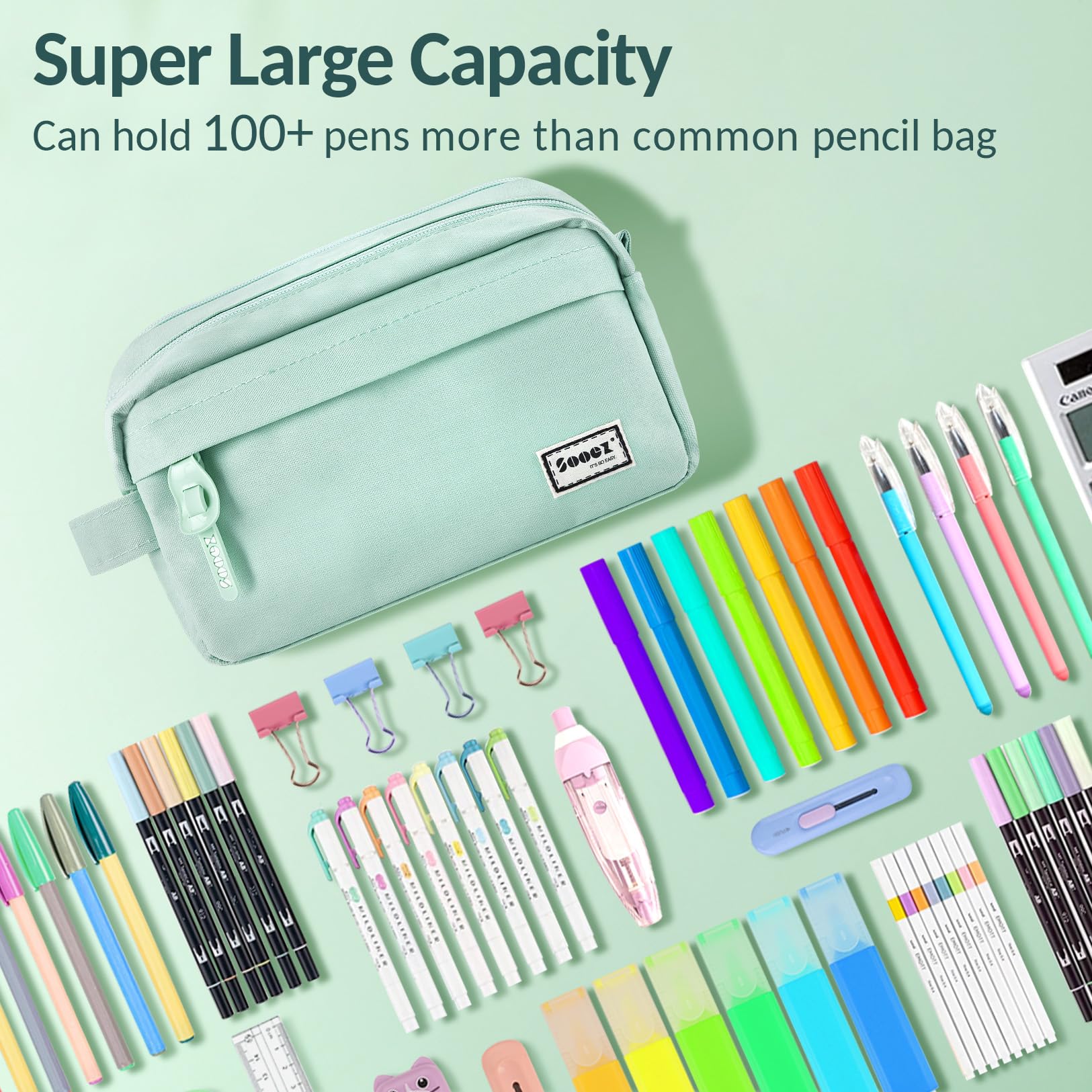 Sooez pencil case mint green elastic straps secure frequently used pencils