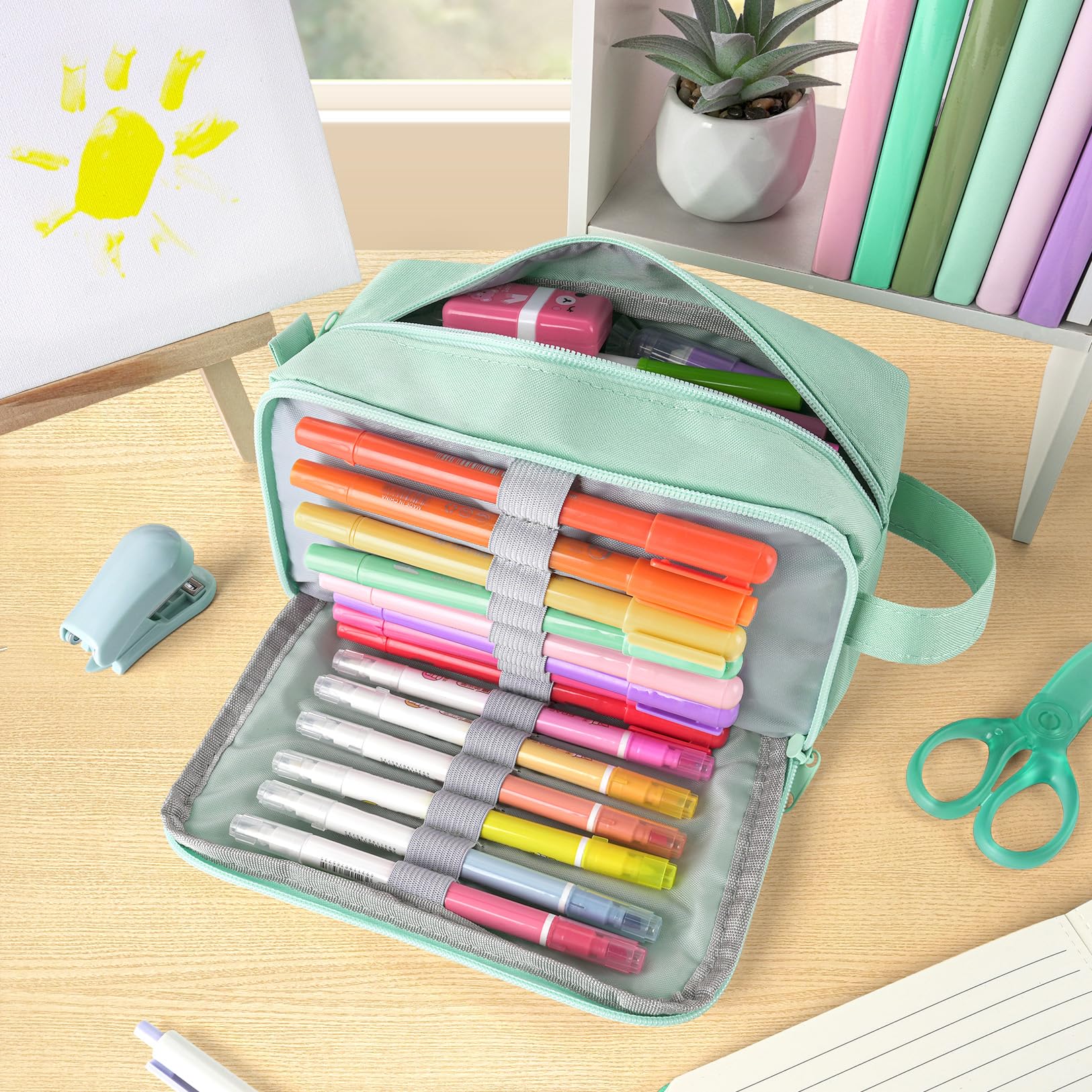 Sooez pencil case mint green three-compartments layout keeps tools organized