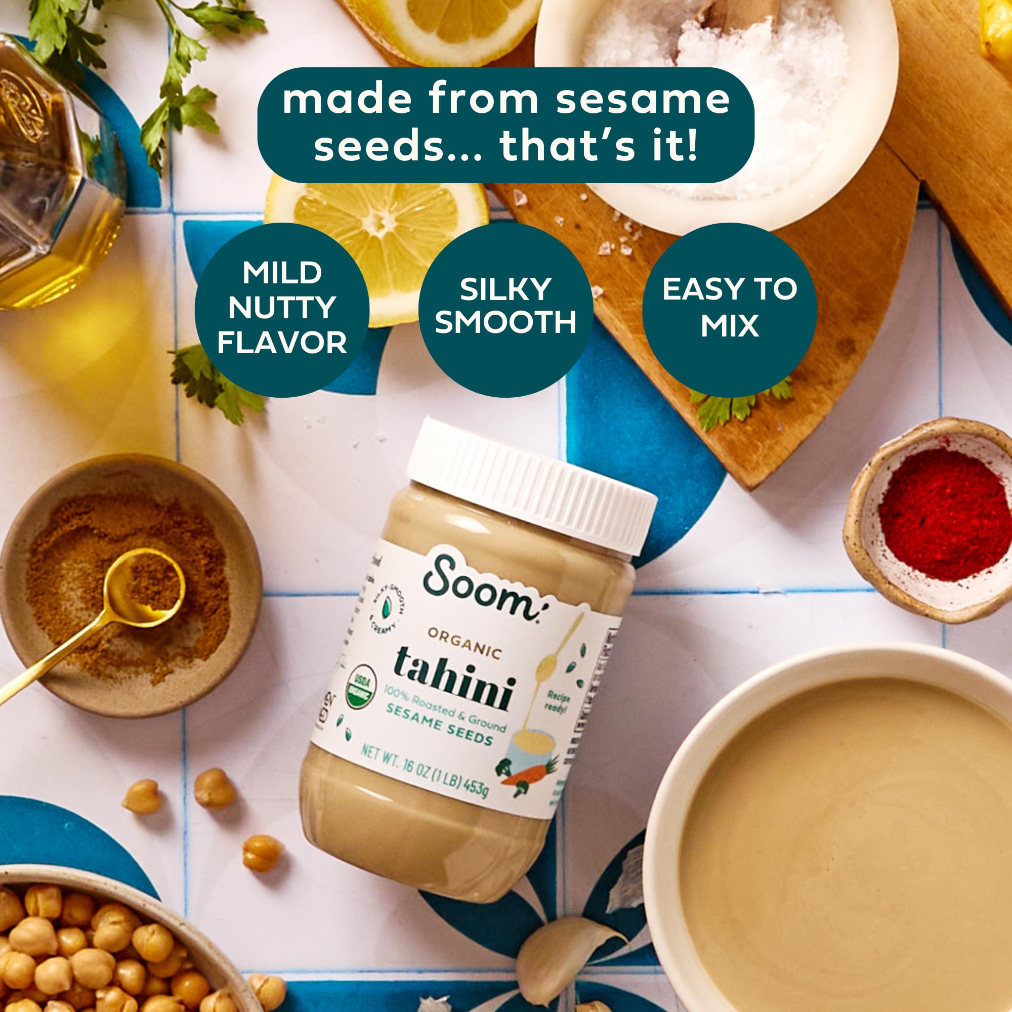 Soom Tahini bottle pour enables easy drizzle over dishes