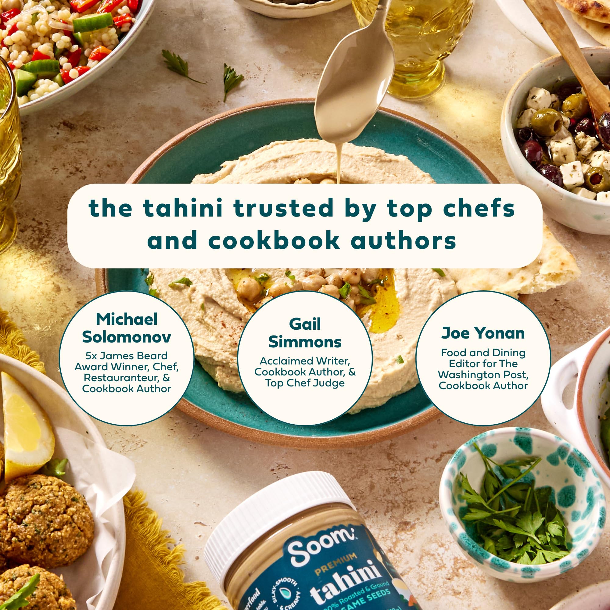 Soom Tahini dips and dressings scene highlights versatile spreads