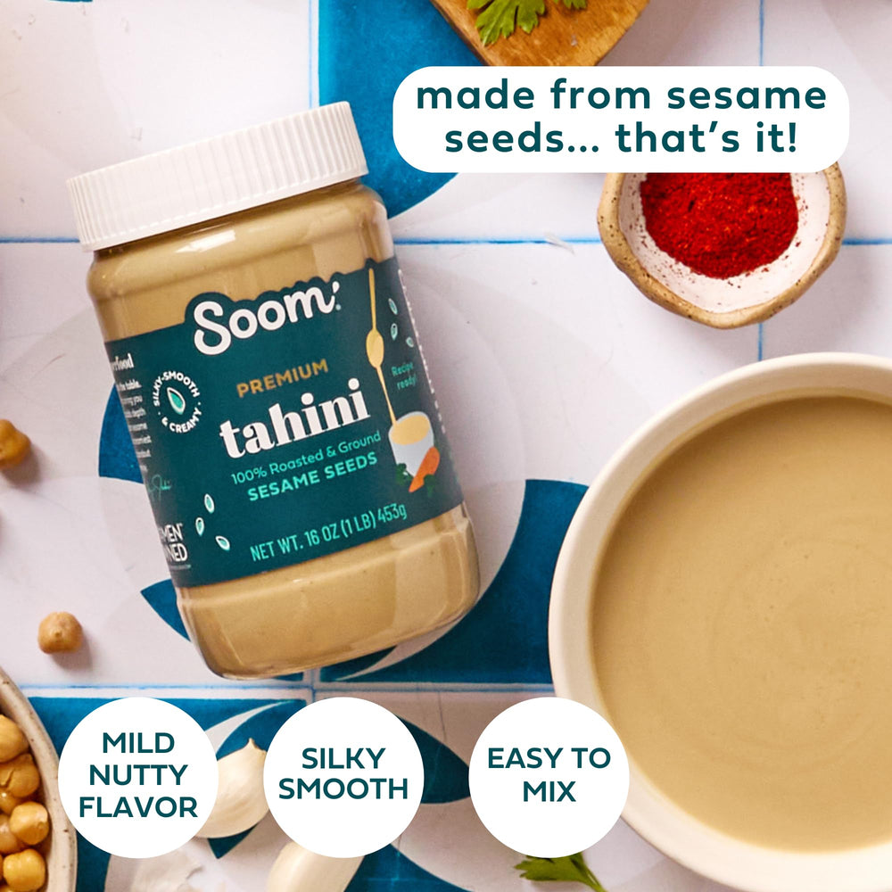 Soom Tahini silk texture ready to whisk into dressings and baked goods