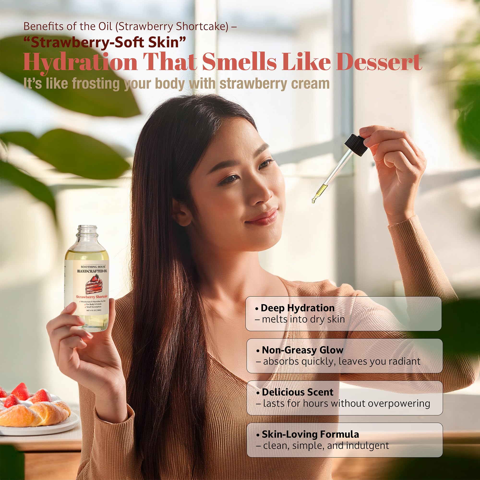 Soothing House Strawberry Shortcake daily-use routine demonstrates easy post-shower hydration.