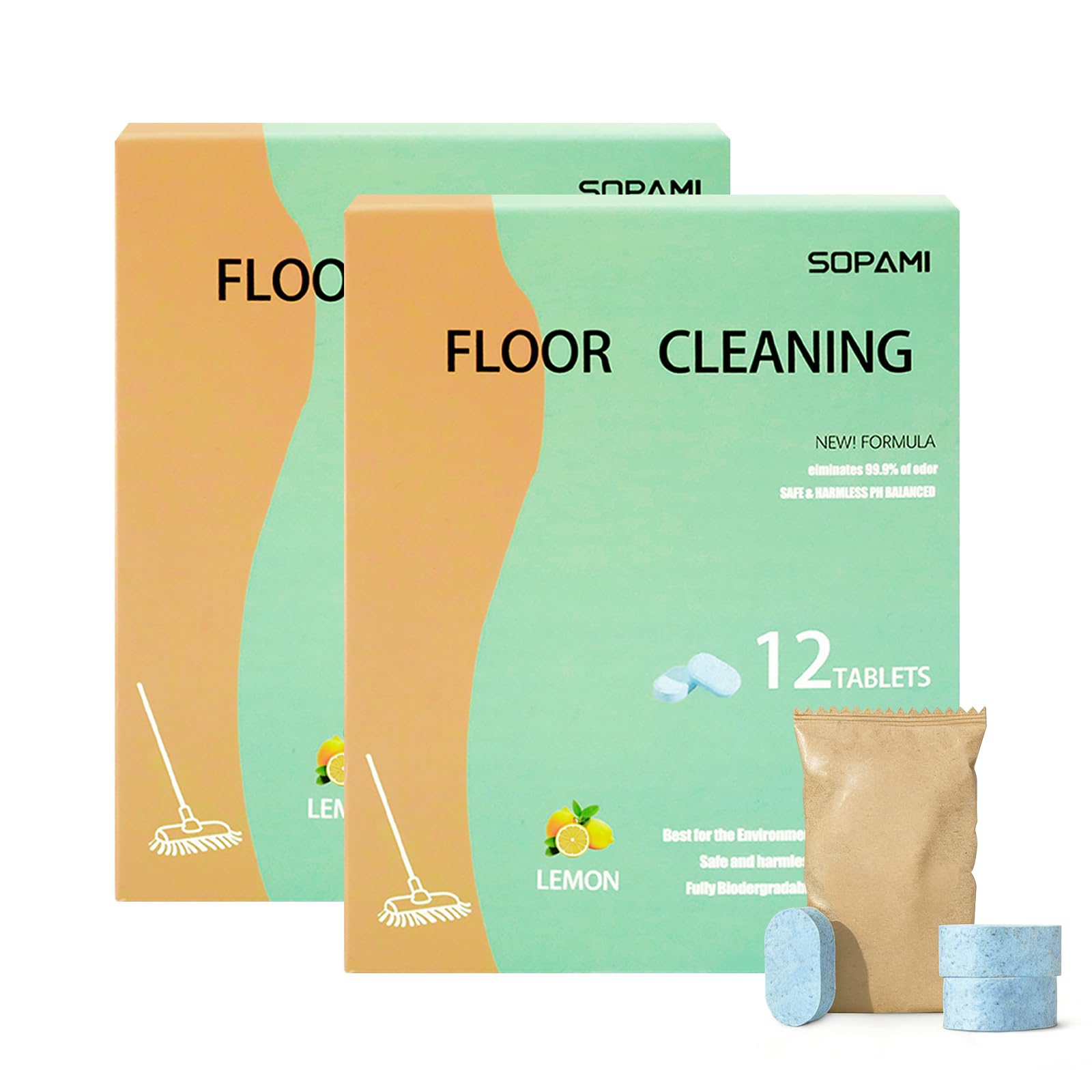 SOPAMI floor cleaner tablet with lemon scent in a 24-pack for quick prep.