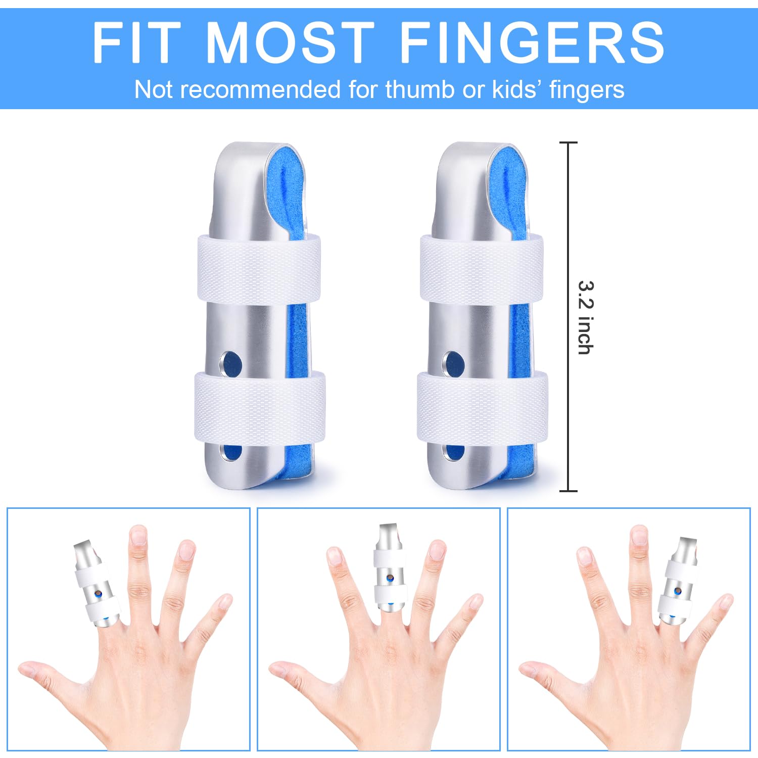 Sopito aluminum finger splint keeps joints aligned with soft sponge lining.