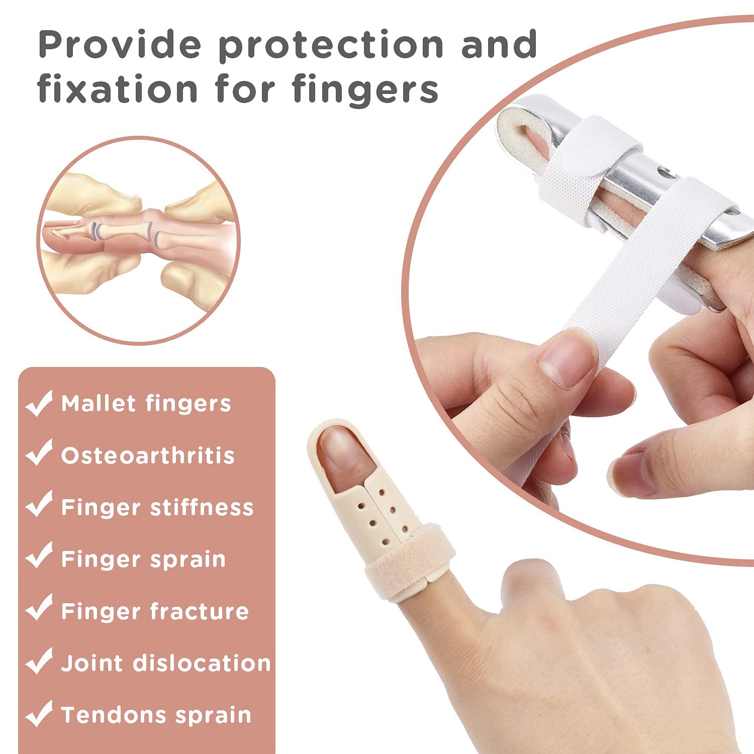 Sopito metal finger splint close-up highlighting durable construction and snug fit