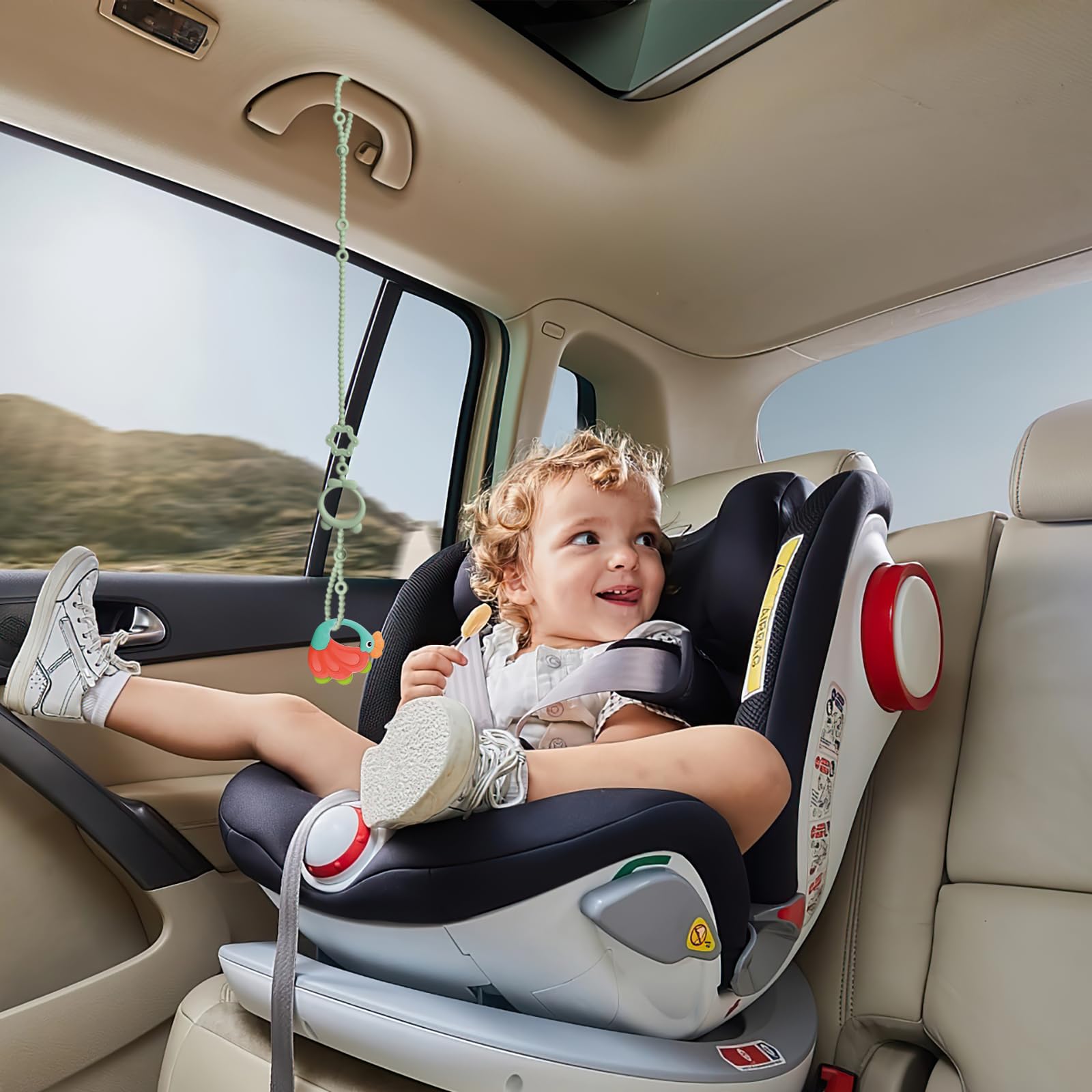 Sopkdey car-seat clip straps in cream white for car rides.