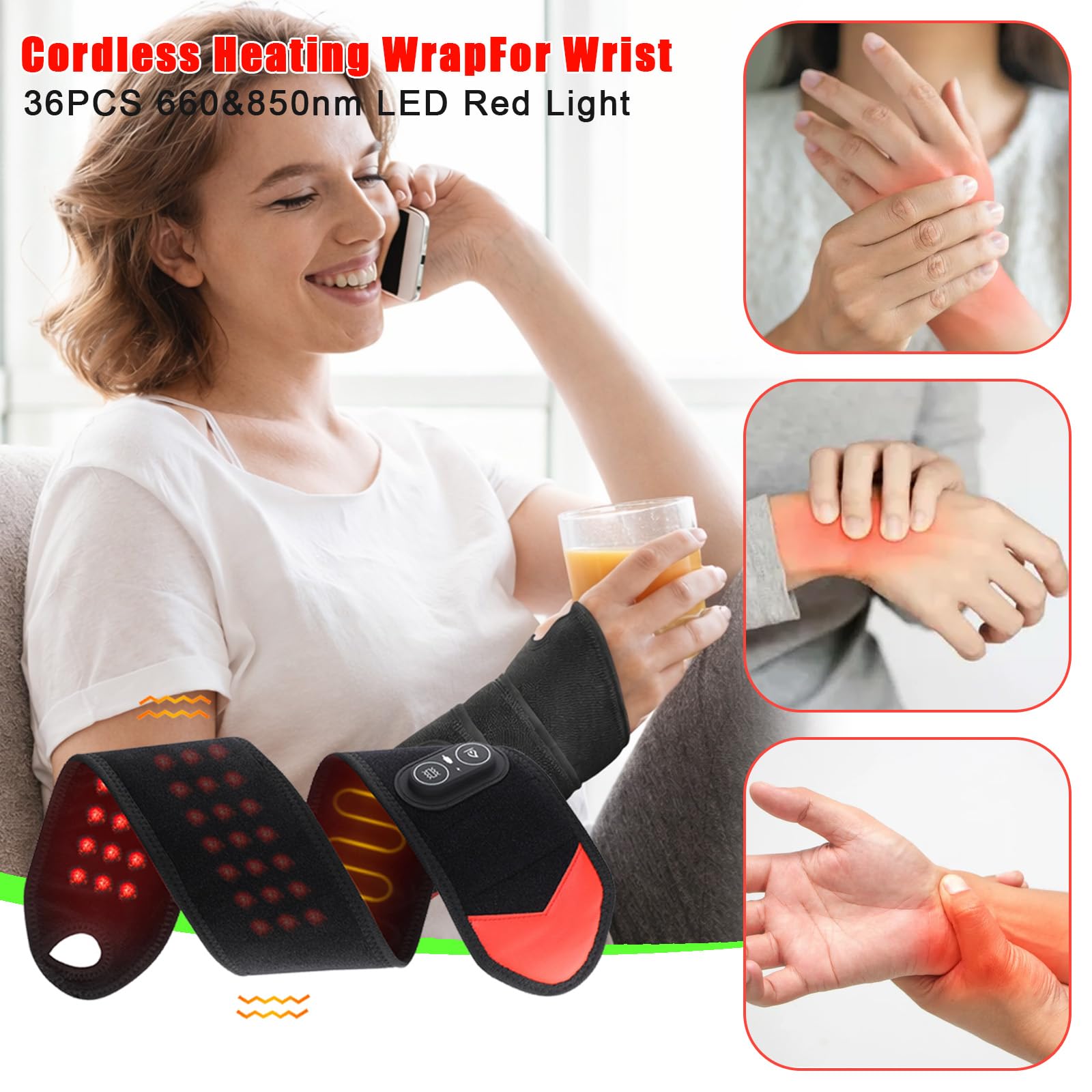 SORALEK wrist wrap showing heat and vibration features