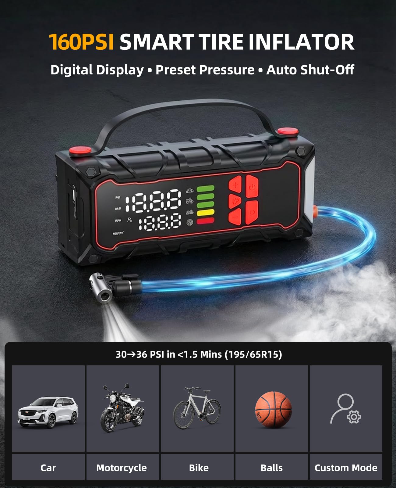 Soramir 5000A jump starter auto-shutoff indicator