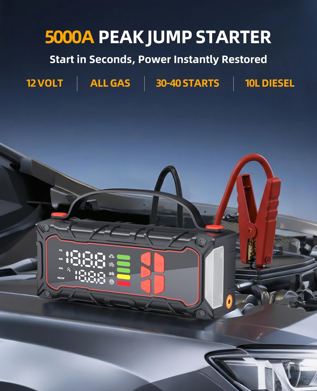 Soramir 5000A jump starter tire inflator dial in action