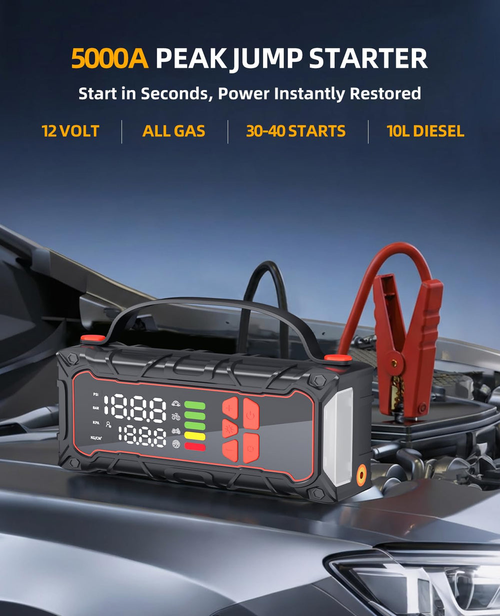 Soramir 5000A jump starter tire inflator dial in action