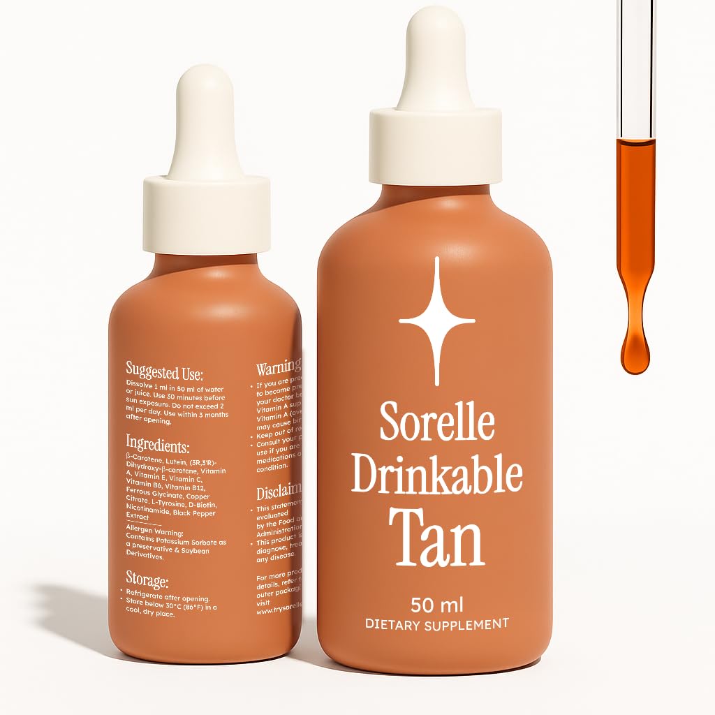 Sorelle Beauty tanning drops bottle for drink mixing promotes a gradual, natural glow.
