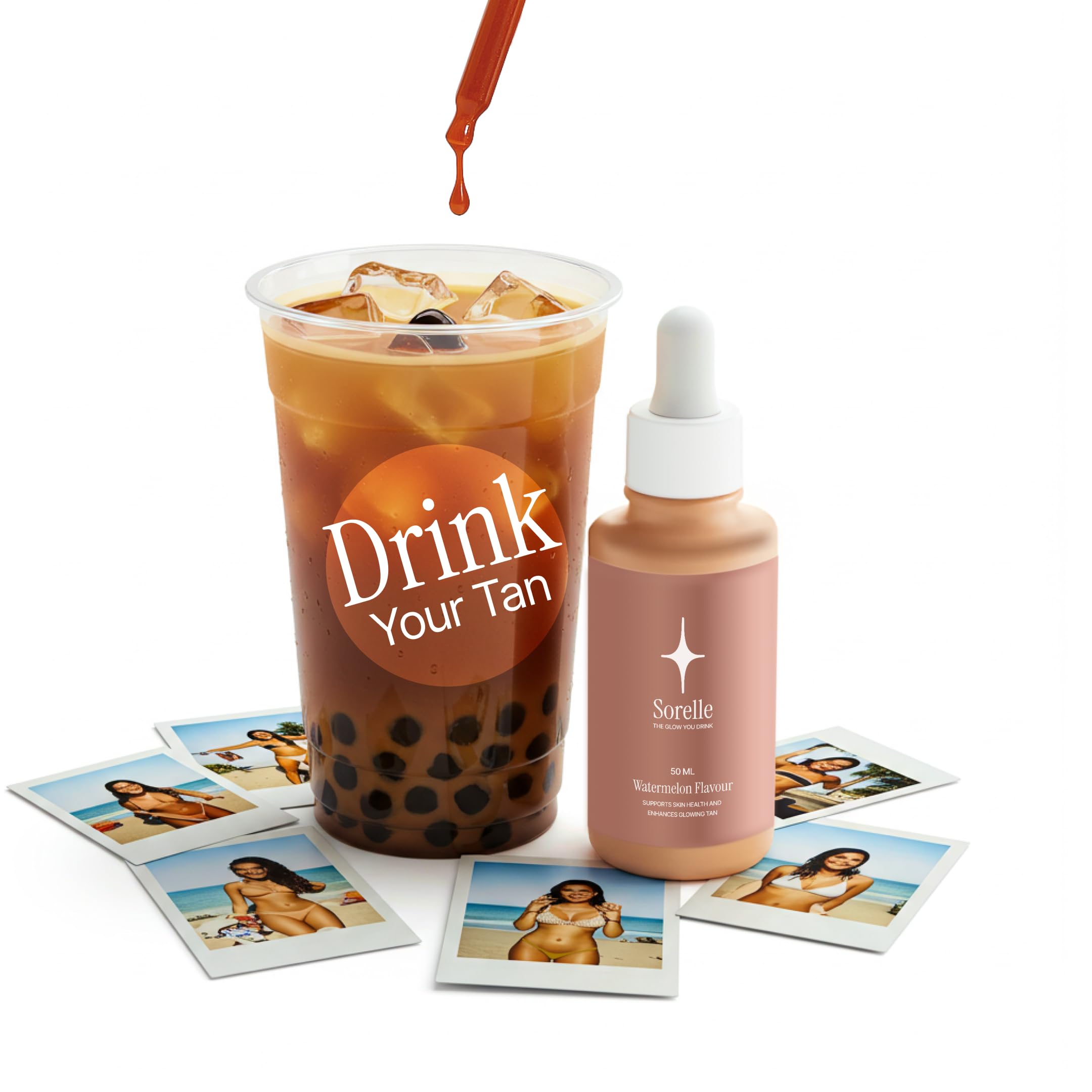 Lifestyle image hints at a gradual glow over weeks with Sorelle drops.