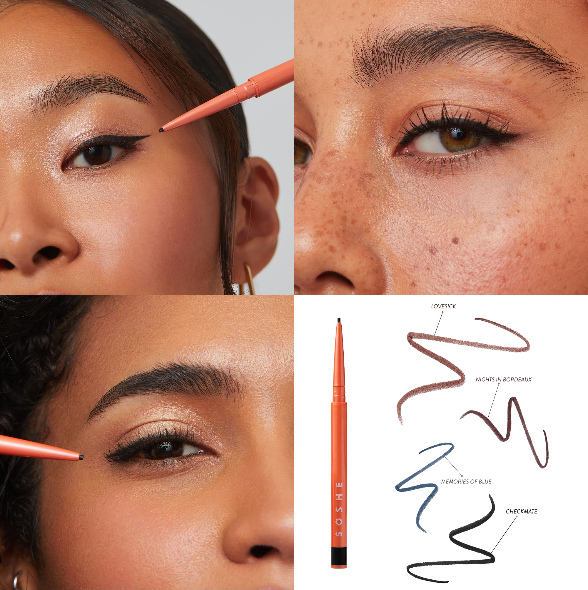 Visual pairing of SOSHE liner with peptide-lengthening mascara for enhanced lashes.