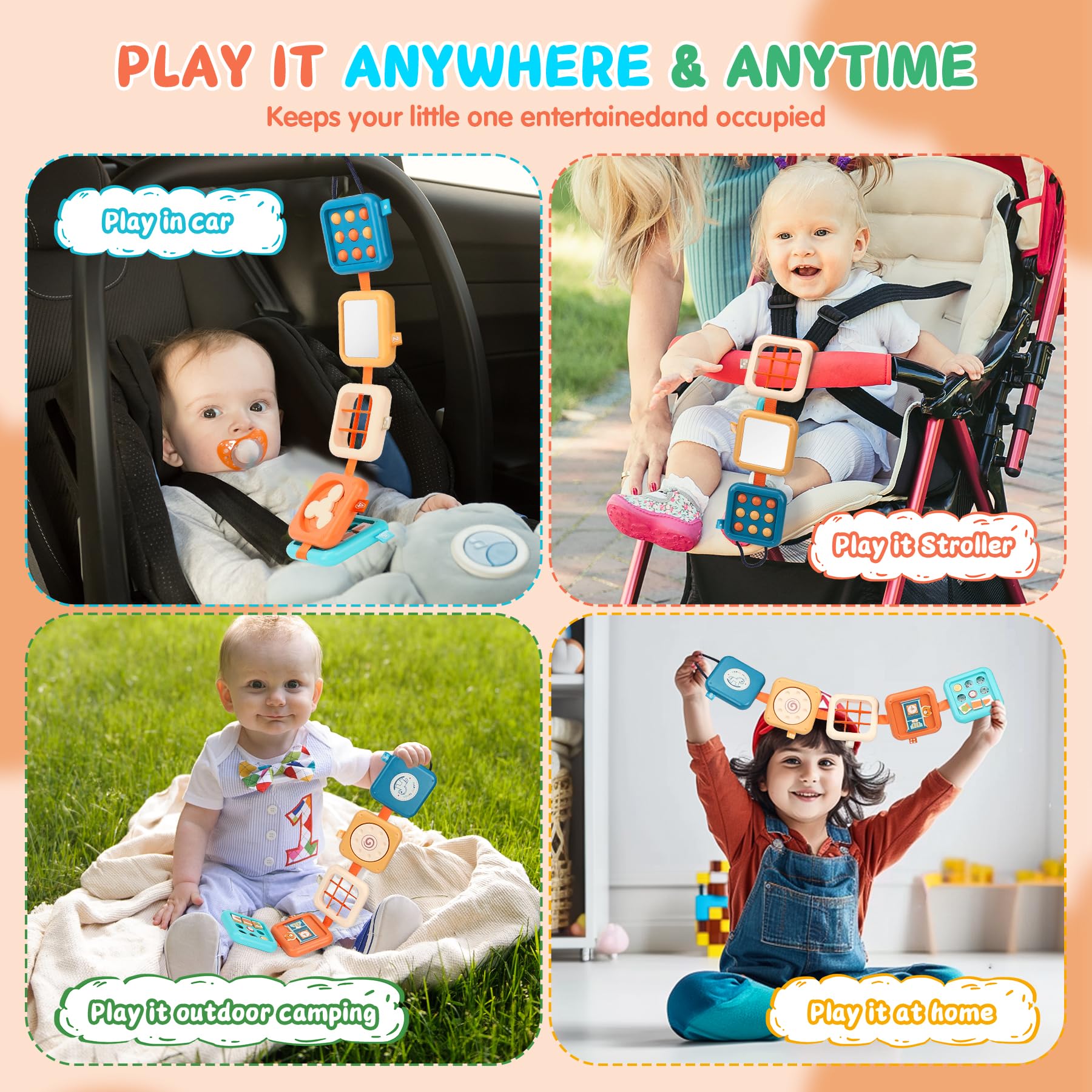 SOSUSHOE Busy Board elastic rope supports hand eye coordination during play.