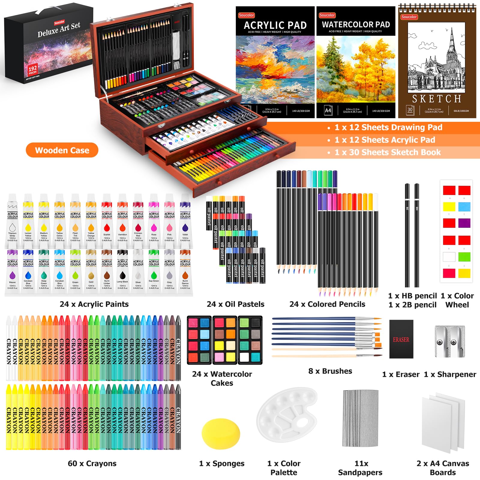 Soucolor 24 acrylic paints deliver bright, durable color for acrylic artworks.
