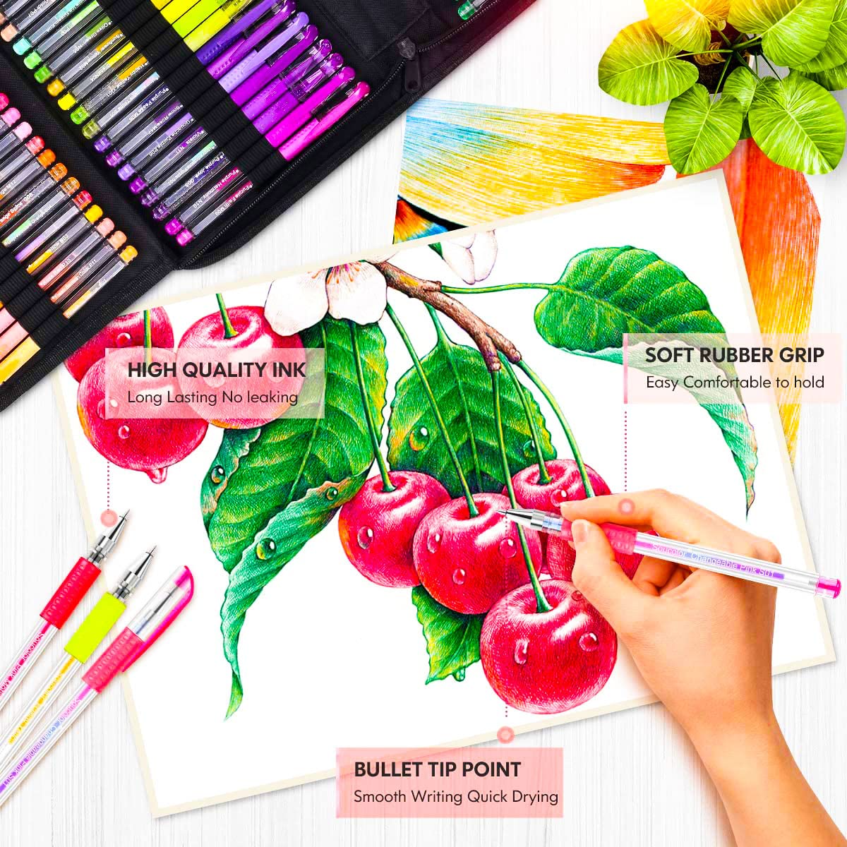 Soucolor gel pens 120-pack travel case portable on-the-go kit