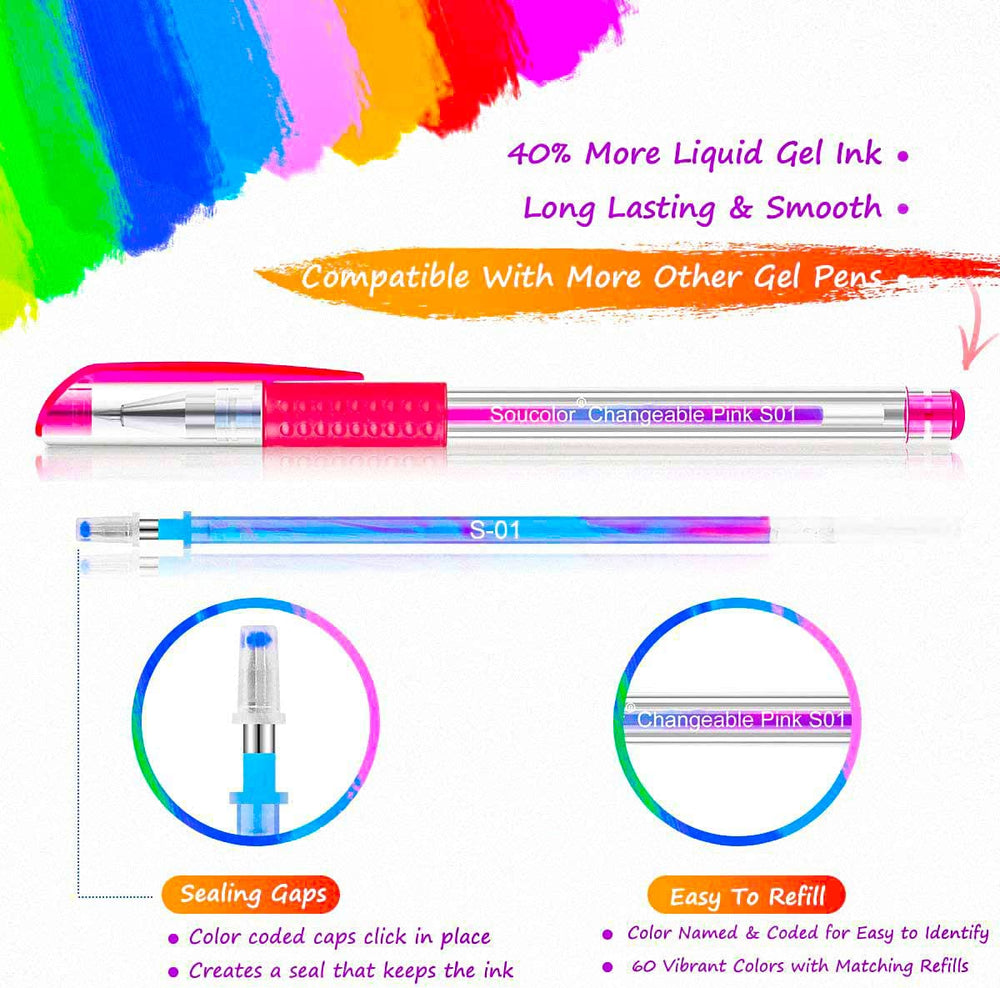 Soucolor metallic gel pens close-up showing shiny finishes