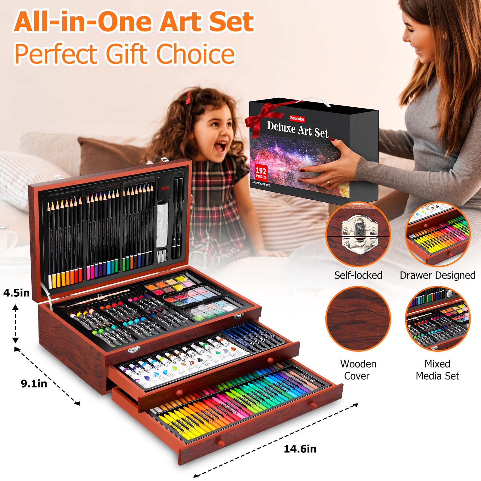 Soucolor wooden case with organized drawers for easy access and portability.