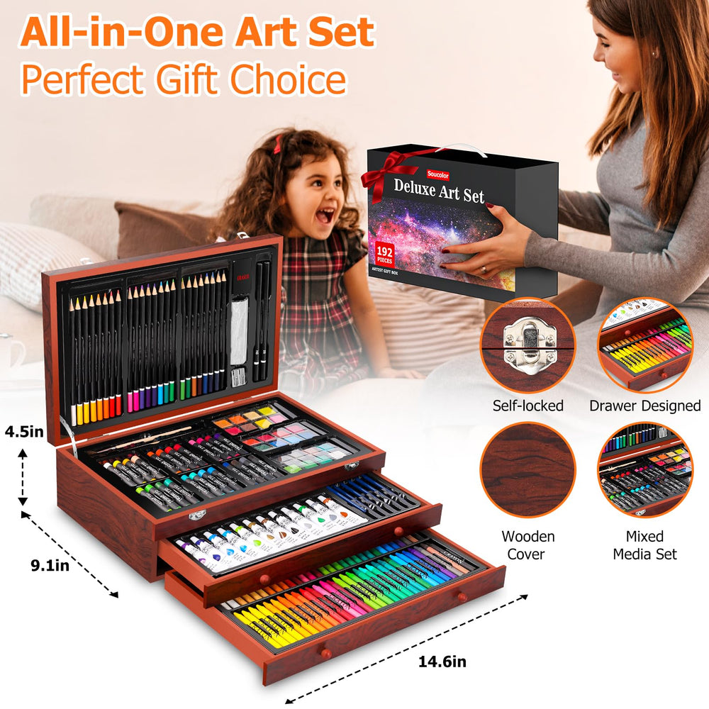 Soucolor wooden case with organized drawers for easy access and portability.