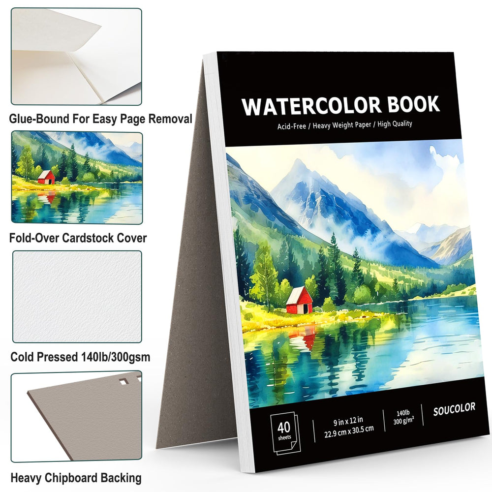 Soucolor 9x12 watercolor pad paper texture ideal for smooth washes.