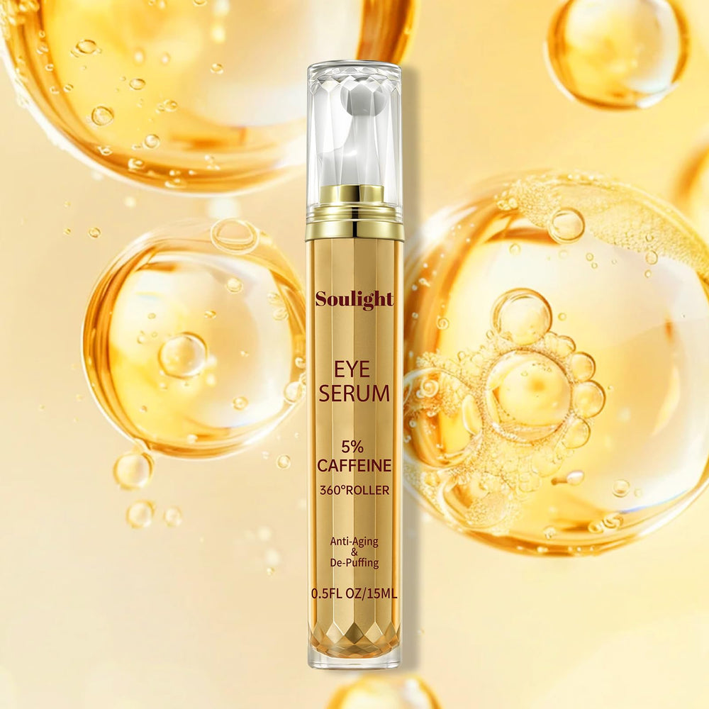 Soulight Eye Serum application action emphasizes quick absorption for puffy eye relief.