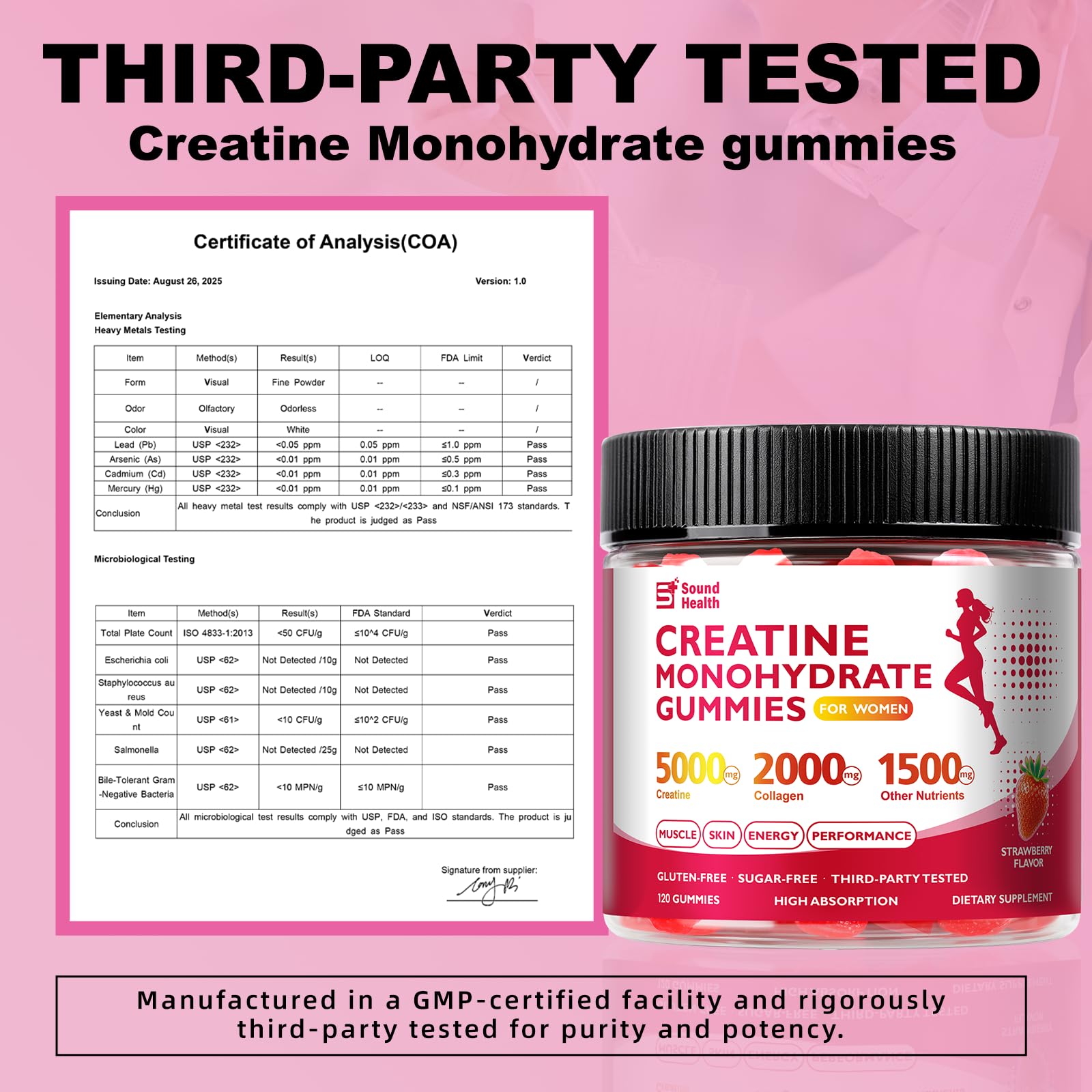 Sound Health Organic gummies packaging shows collagen and BCAAs for fitness support.