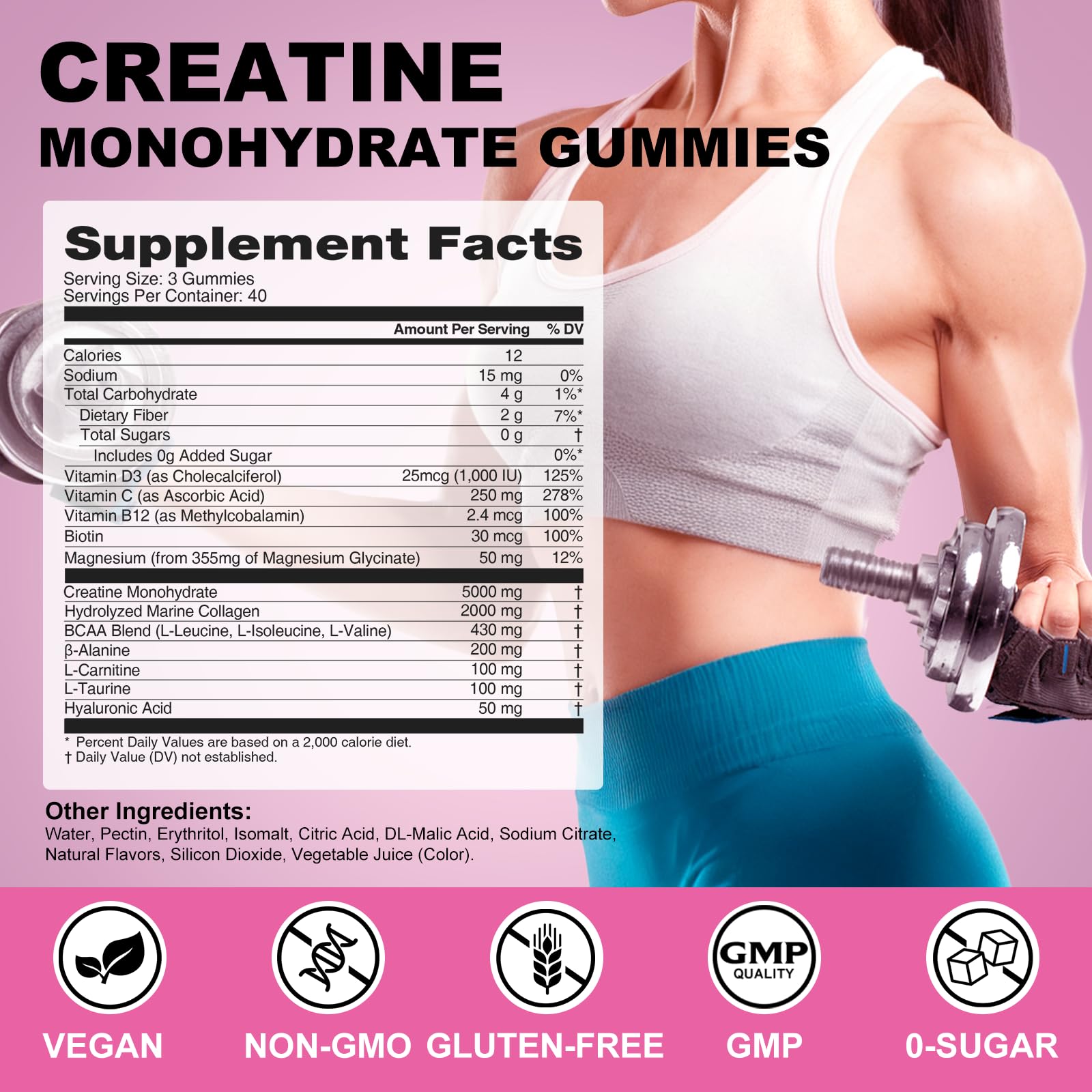 Sound Health Organic creatine gummies strawberry flavor bottle highlighting convenient daily nutrition.