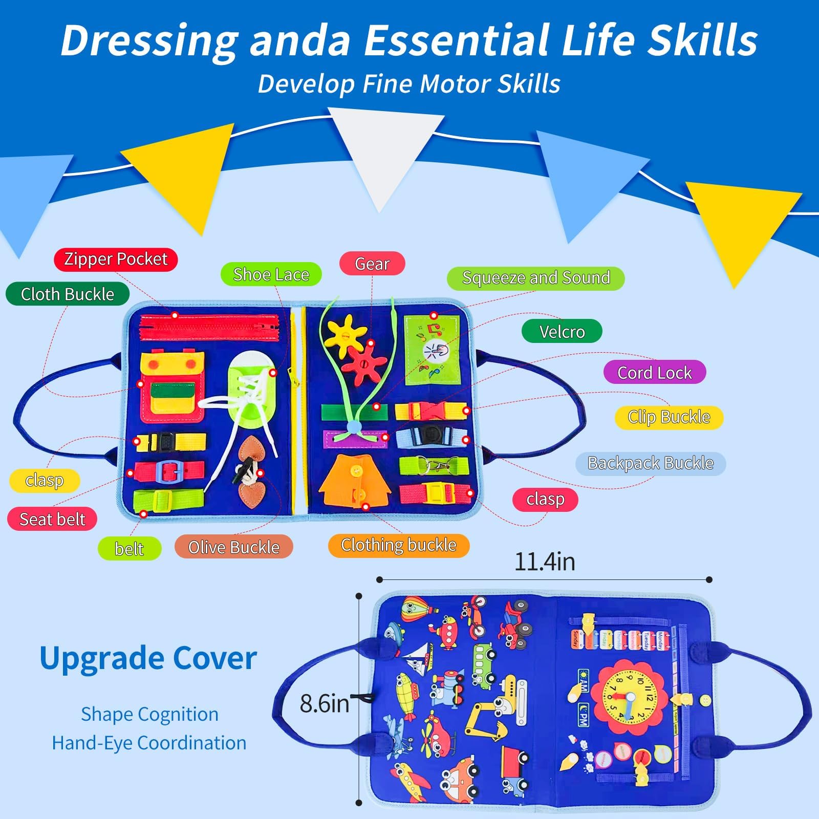 Soupost Busy Book with dress-up and shape matching for independent play.