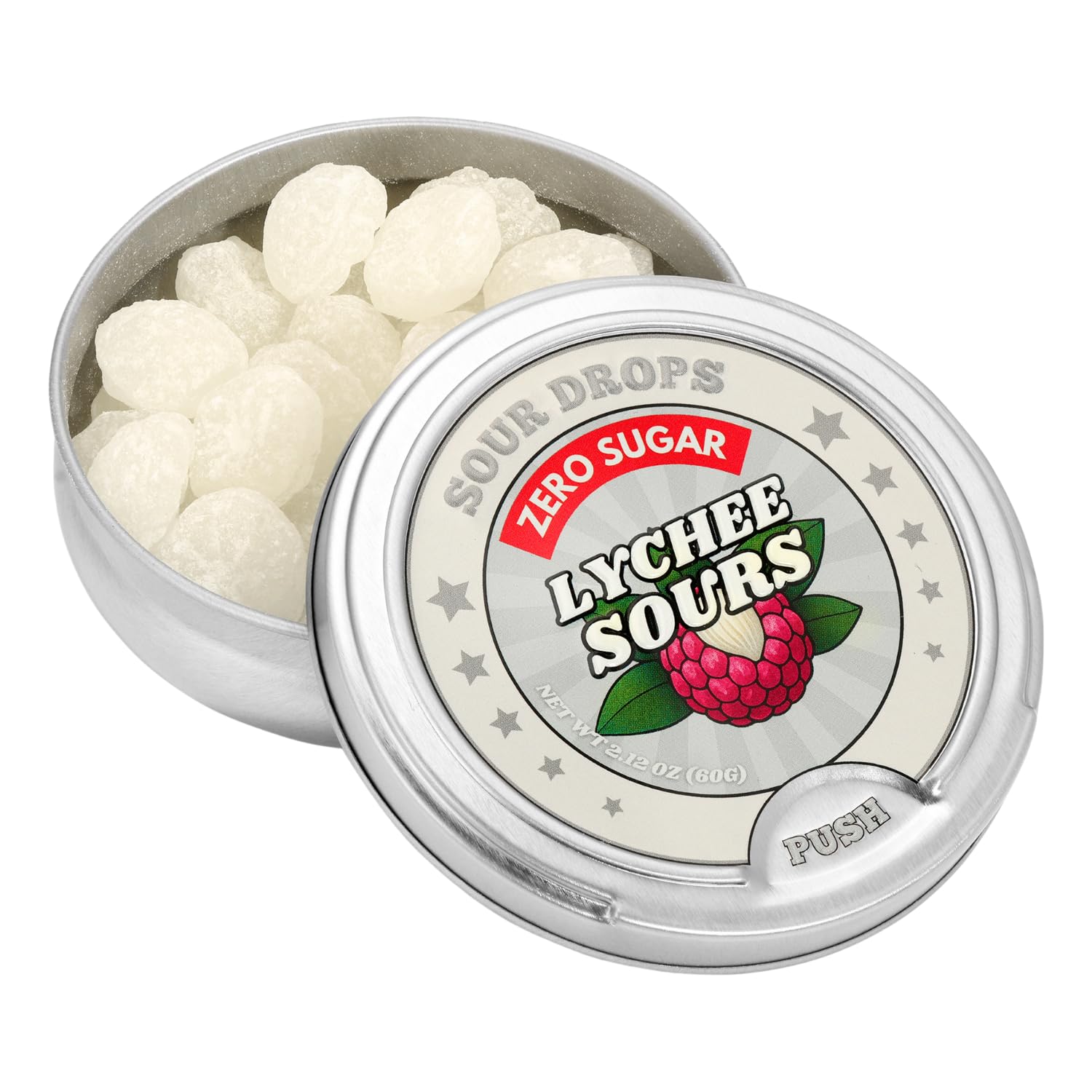 Sour Drops tin packaging close-up for reusable storage.
