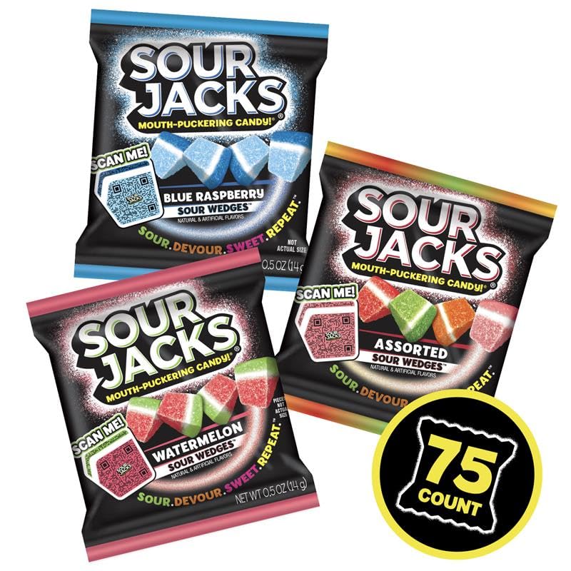Sour Jacks assorted fruit pouch showcasing colorful gummies for sharing