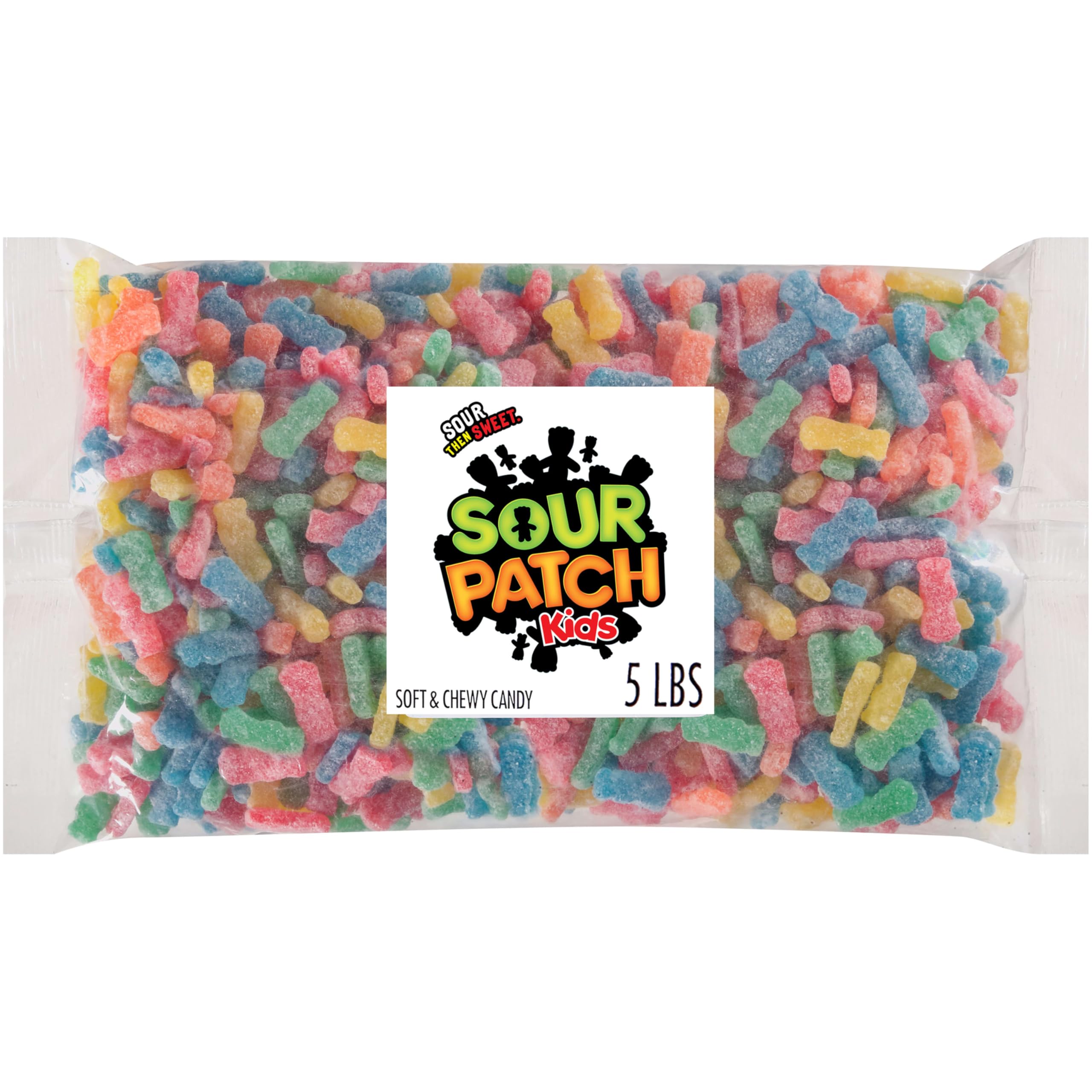 Sour Patch Kids 5lb bag closeup, soft chewy candies perfect for quick snacking.