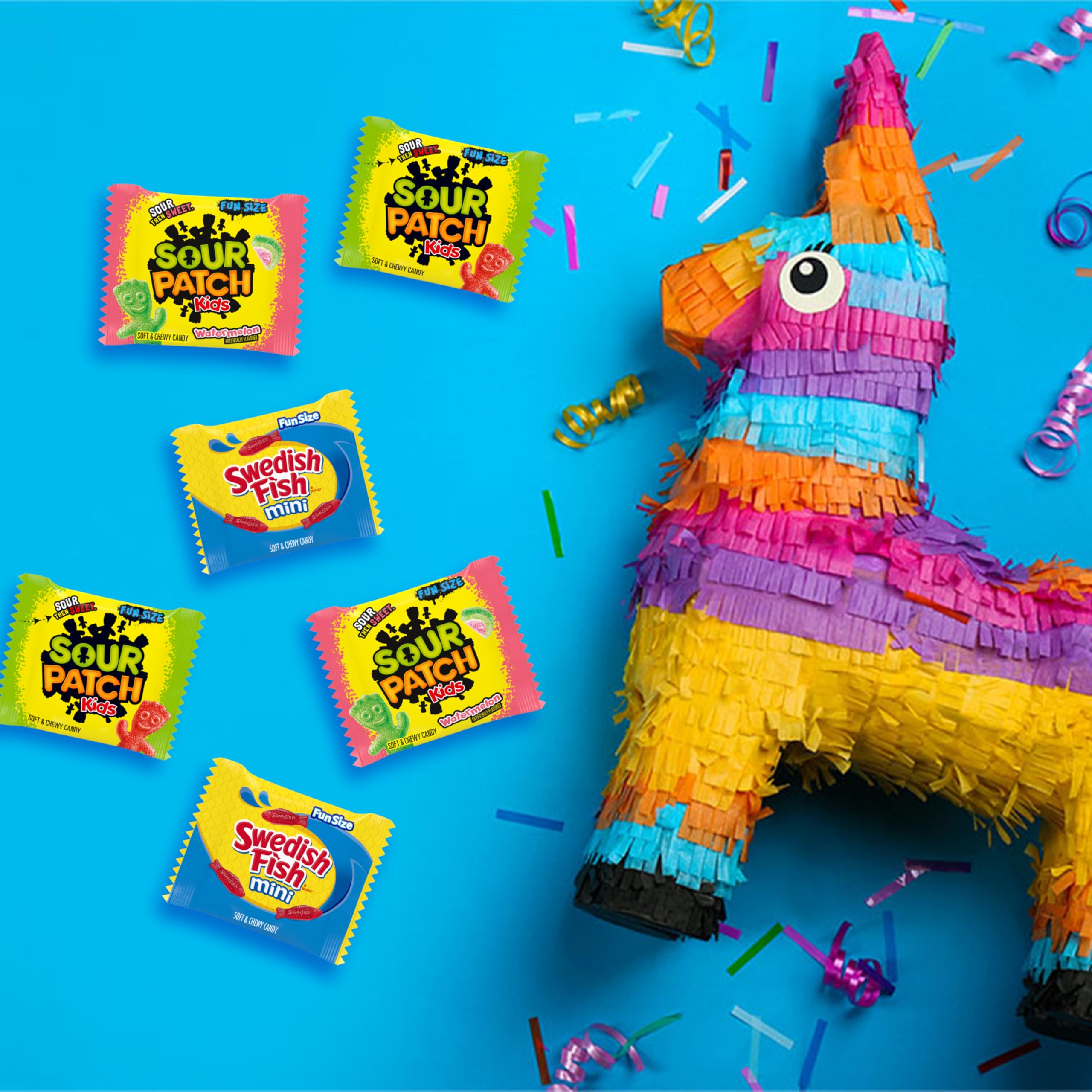 Sour Patch Kids and Swedish Fish mix bags for party favors.