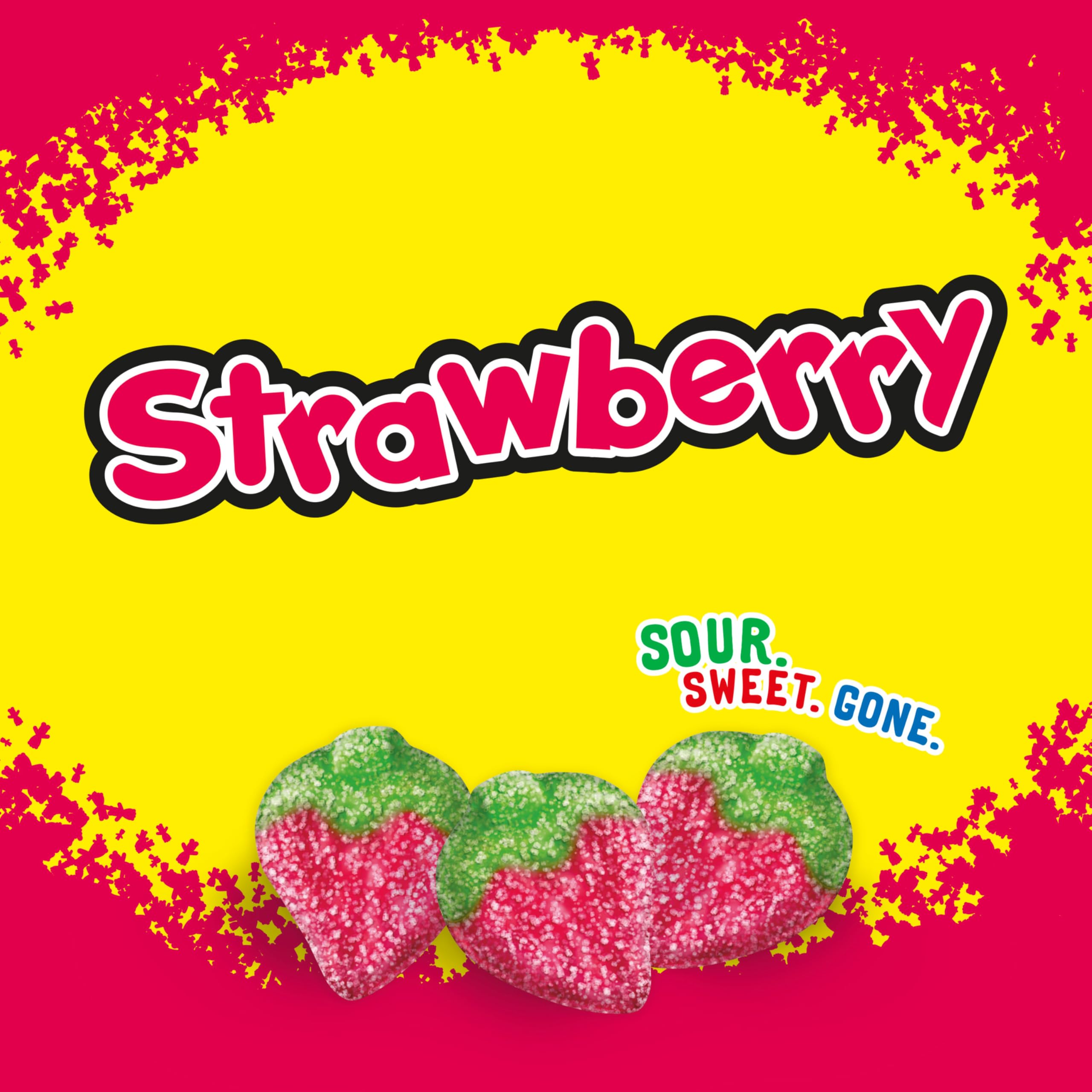 Sour Patch Kids party snack table featuring strawberry candies