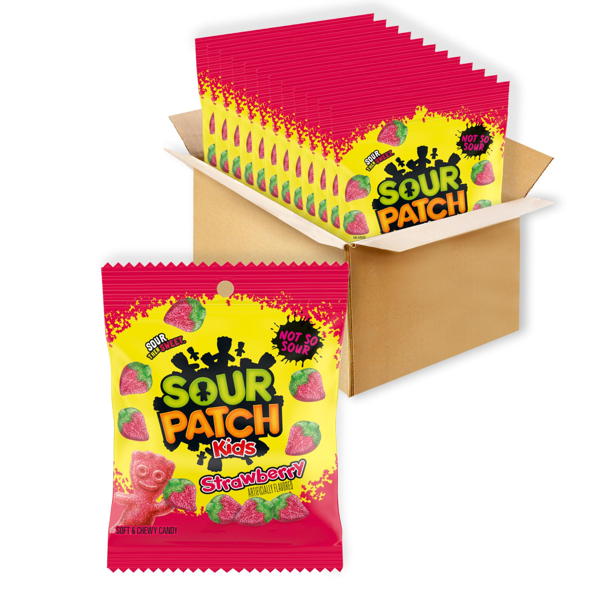 Sour Patch Kids Strawberry soft-chewy candy bulk pack close-up in sealed bags