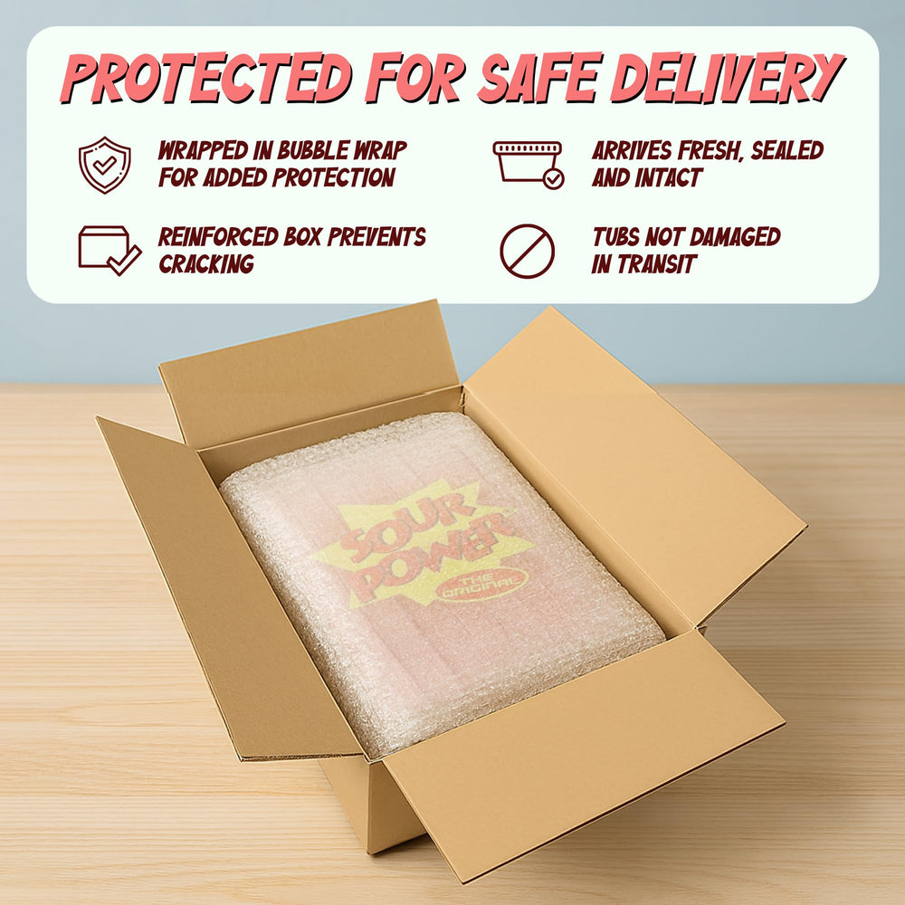 Sour Power bulk candy packaging box with bubble wrap for shipping.