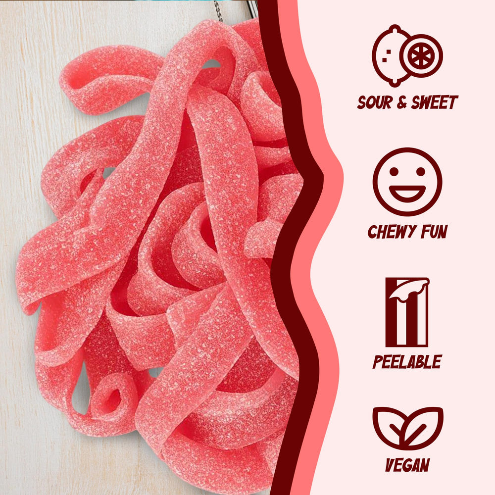 Sour Power strawberry belts arranged on a party plate.