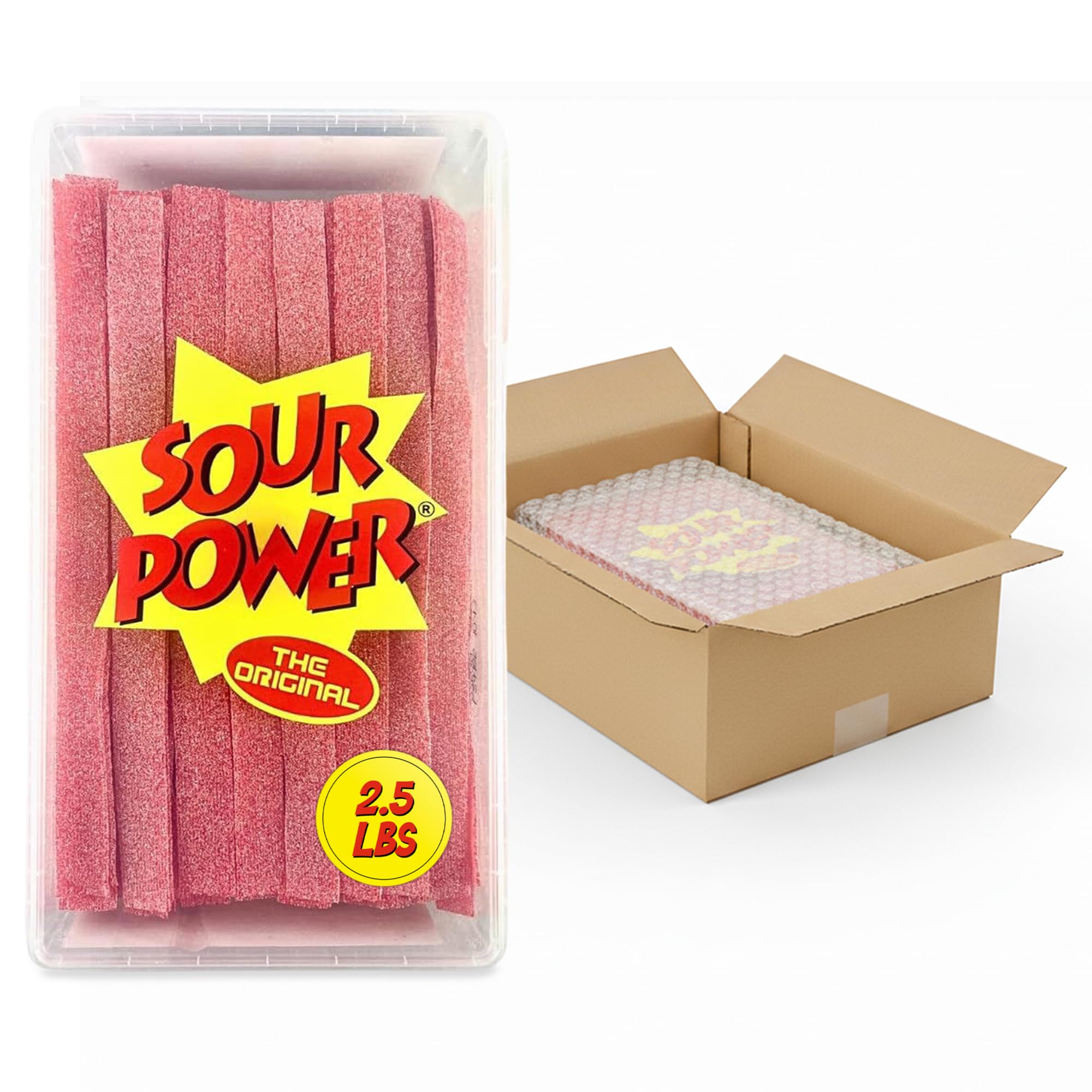 Sour Power strawberry belts bulk tub ready for sharing.