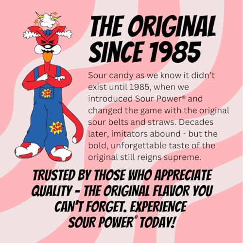 Sour Power strawberry candy belts on display in a store setting.